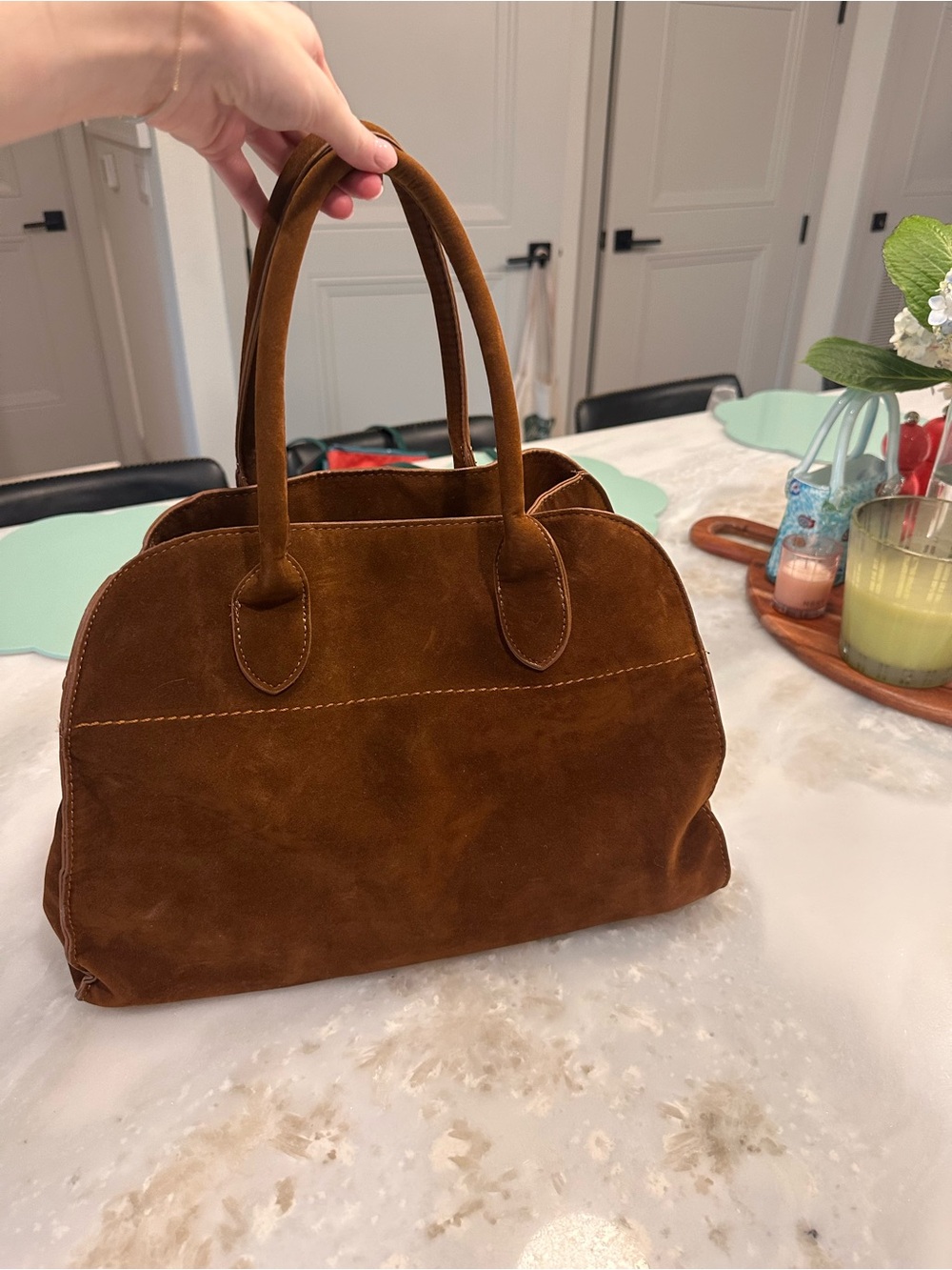 Suede Top-Handle Tote Bag in Brown